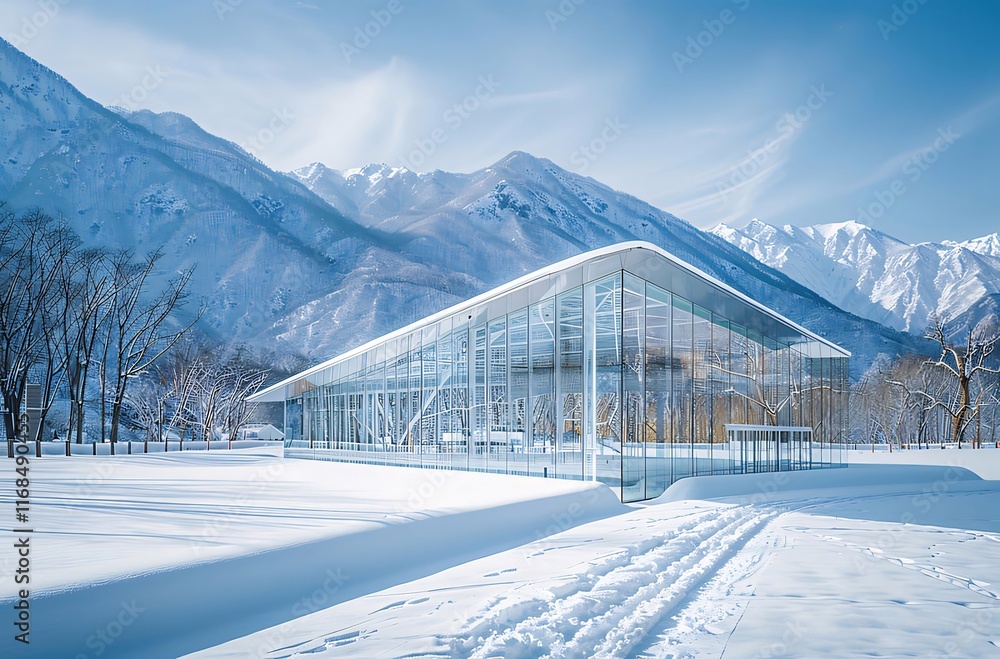 Modern glass building in snowy mountain landscape. (1) Modern glass building in snowy mountain landscape. (1)