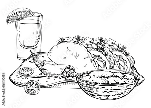 Street food filled tortilla pita gyros taco, sliced chili pepper lime, liquor shot glass, sauce. Hand drawn ink vector isolated illustration. Design travel brochure, restaurant bar menu, recipe book
