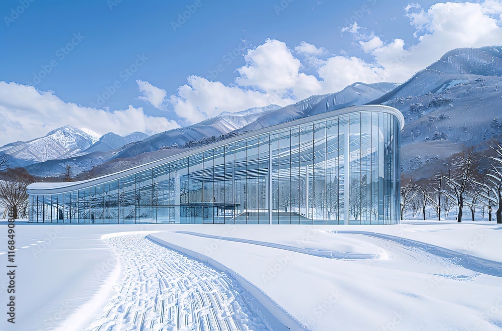 Modern glass building in snowy mountain landscape. Modern glass building in snowy mountain landscape.