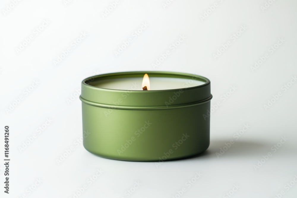 Lit green candle in tin container on white. Lit green candle in tin container on white.
