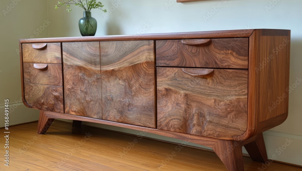 Wooden Sideboard with Three Drawers and Two Doors Against White Wall in Empty Room Wooden Sideboard with Three Drawers and Two Doors Against White Wall in Empty Room