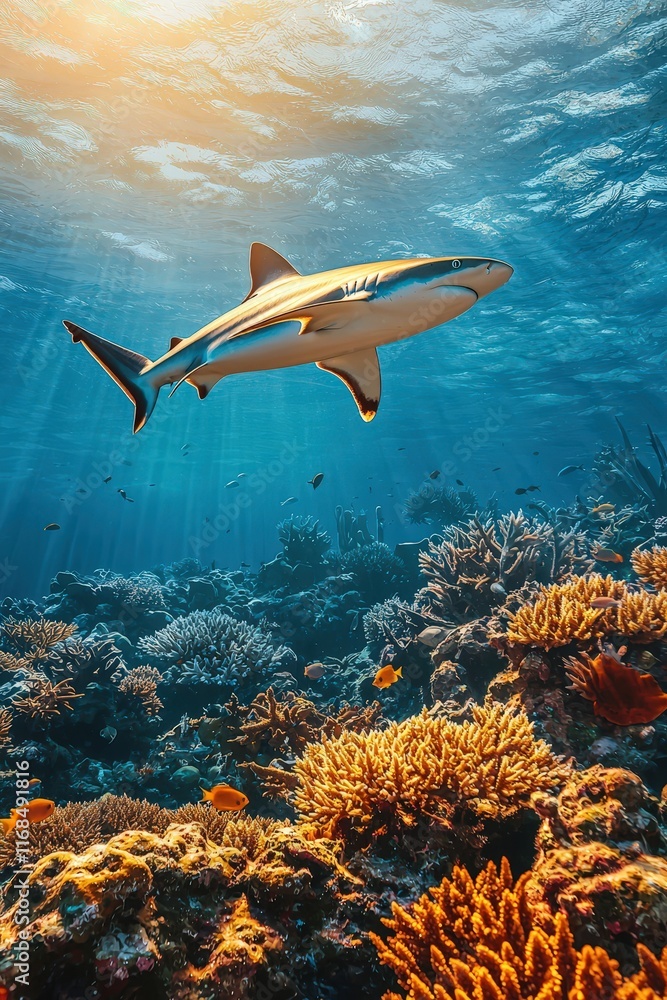 Fototapeta premium A reef shark patrolling above coral formations in a dramatic underwater setting.