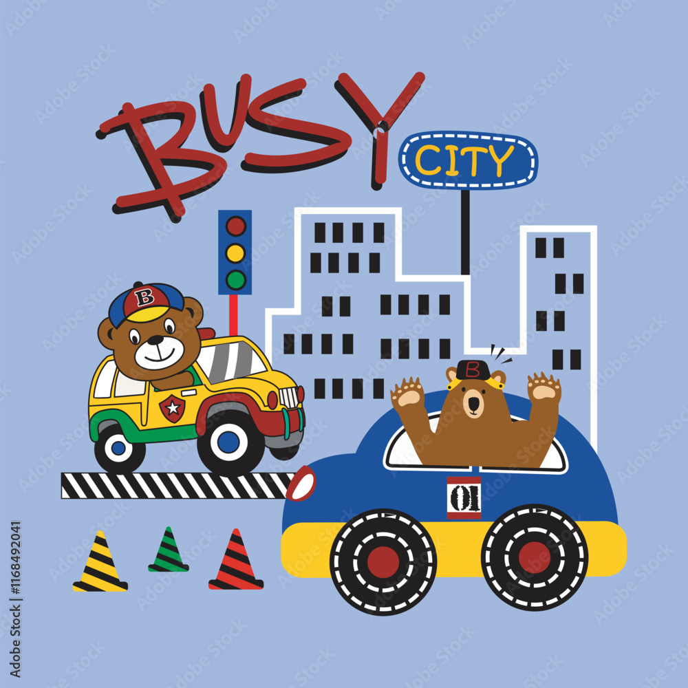 Naklejka premium lion and bear in the middle of a busy city,design cartoon vector illustration