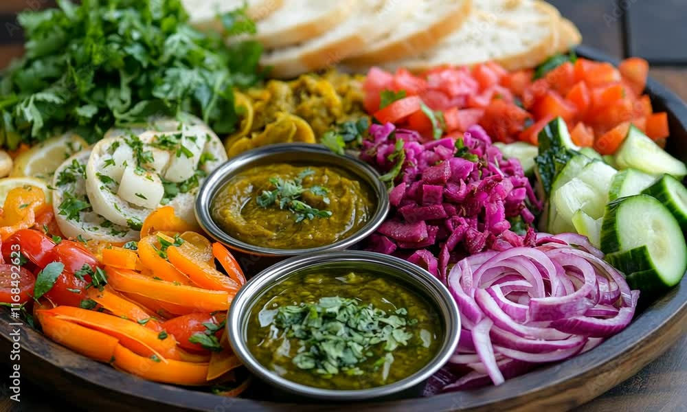 A vibrant platter of fresh vegetables, sauces, and herbs, perfect for sharing or snacking. A vibrant platter of fresh vegetables, sauces, and herbs, perfect for sharing or snacking.