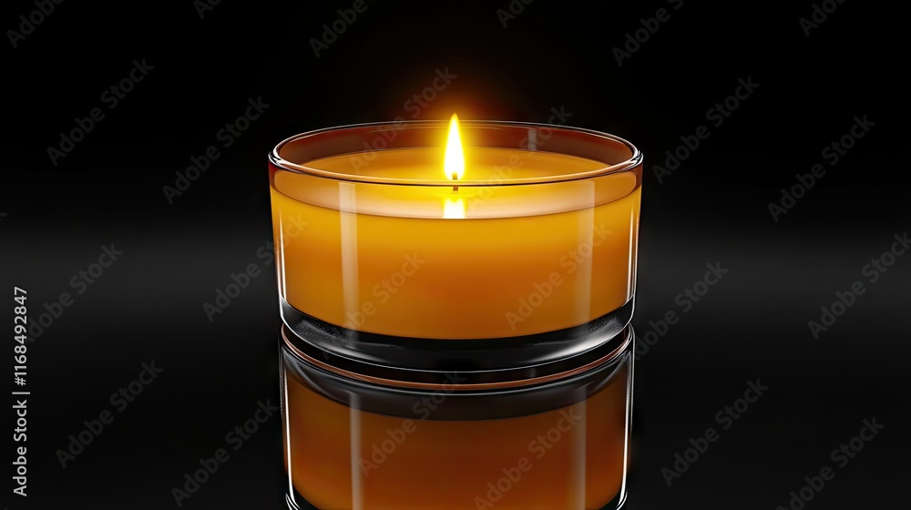A glowing candle in a glass holder, casting warm light against a dark background. A glowing candle in a glass holder, casting warm light against a dark background.
