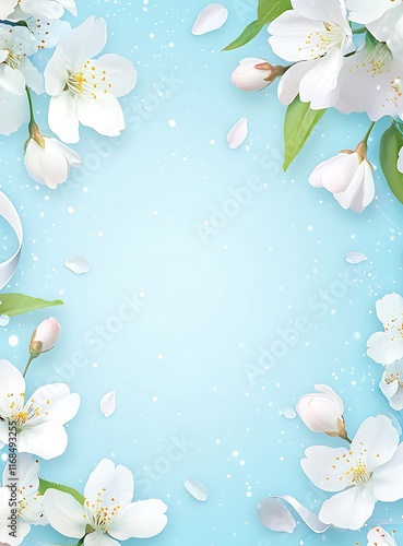 Light blue spring background with white flowers and ribbons photo