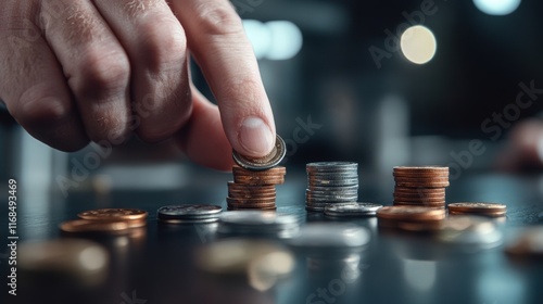 A hand stacks coins on a table, showcasing a close-up view of various currencies, emphasizing financial themes like saving and investment. photo