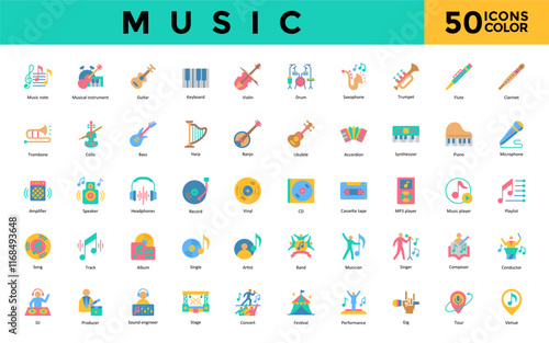 Music icon set with music note, musical instrument, guitar, keyboard, violin, drum, saxophone, trumpet, flute, clarinet icon. Simple flat color vector 
