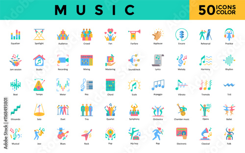 Music icon set with equalizer, spotlight, audience, crowd, fan, fanfare, applause, encore, rehearsal, practice icon. Simple flat color vector 
