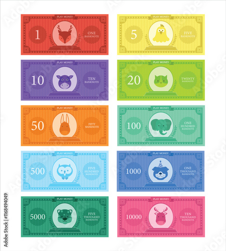 Money for game on a white background,Printable play money from 1 to 10000.banknotes design,Vector  illustrations.