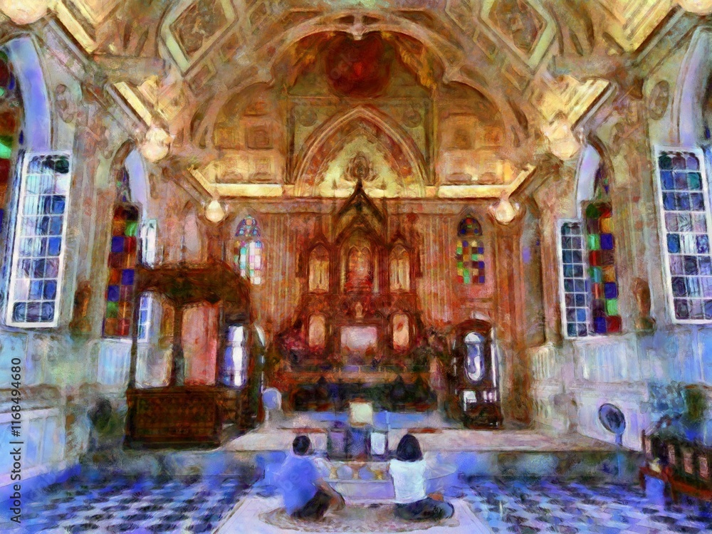 Ancient buildings European architecture Gothic style Chalk paint Illustrations creates art style impressionism of painting.