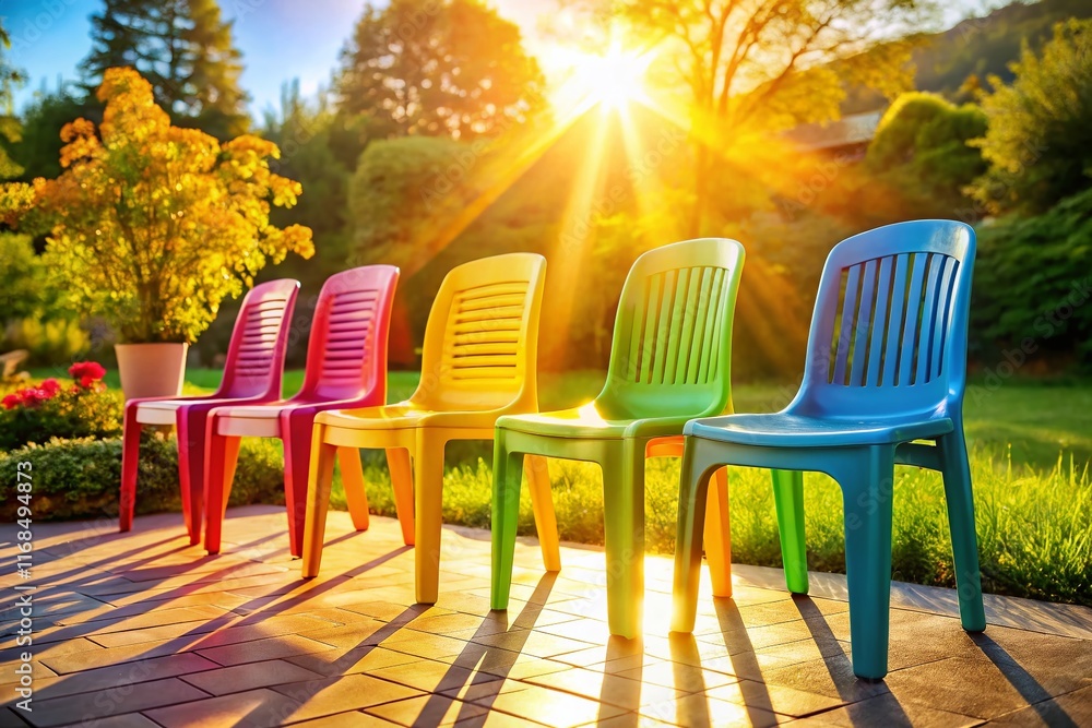 Fototapeta premium Colorful Empty Plastic Chairs in Sunny Outdoor Setting - Stock Photo