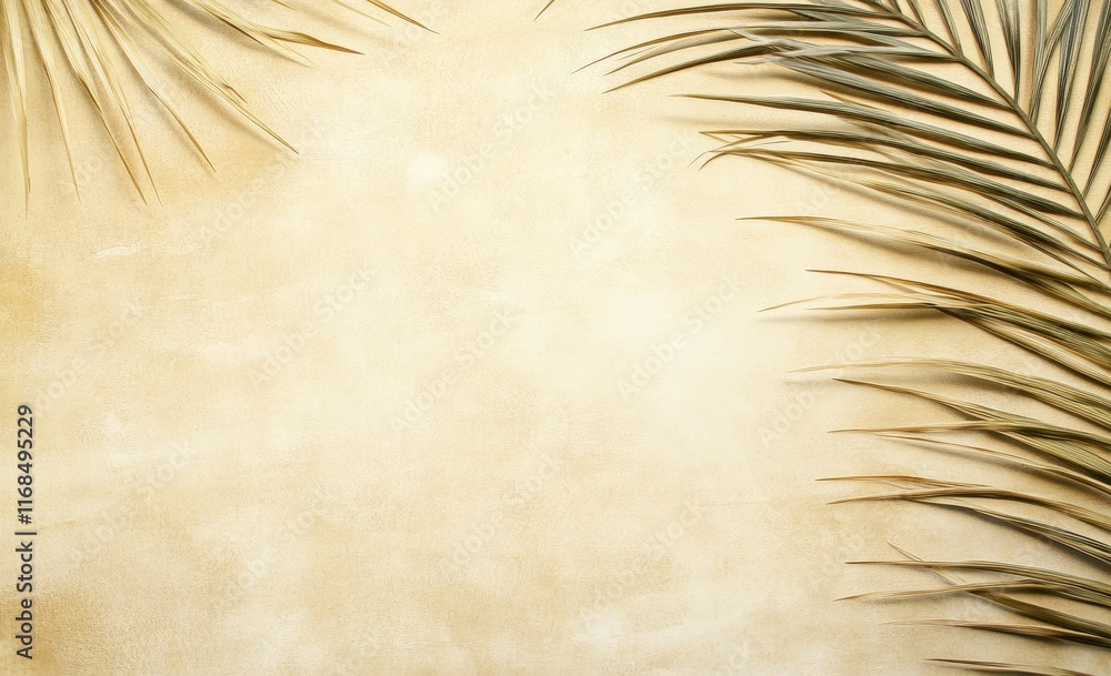 Fototapeta premium Beige background with palm leaves border.