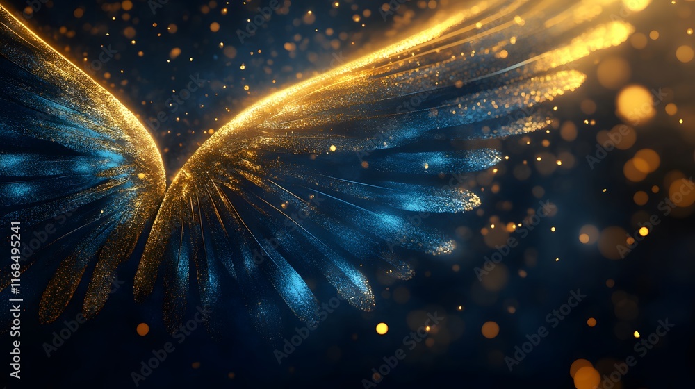 Obraz premium Glittering Blue and Gold Wings in Dark Space