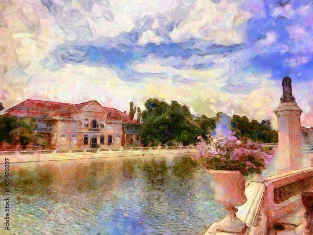 Ancient buildings European architecture Gothic style Chalk paint Illustrations creates art style impressionism of painting.