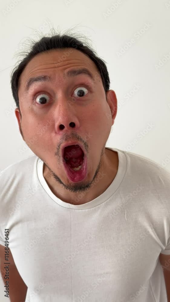Vertical video of funny man do wow and shock face close to the camera. Vertical video of funny man do wow and shock face close to the camera.