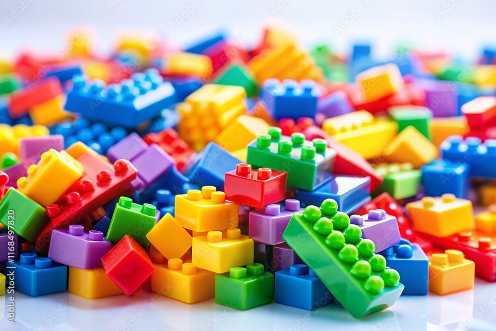Naklejka premium Colorful Plastic Building Blocks Toy on White Background - Tilt-Shift Miniature Photography