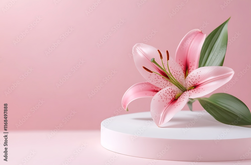 Pink spring summer background with an empty white podium and a pink lily flower Pink spring summer background with an empty white podium and a pink lily flower