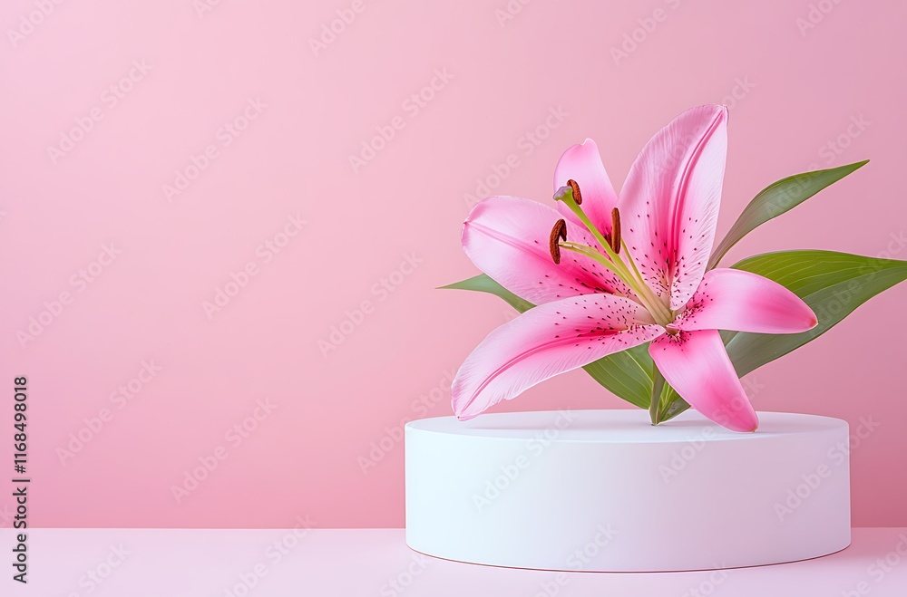 Pink spring summer background with an empty white podium and a pink lily flower Pink spring summer background with an empty white podium and a pink lily flower