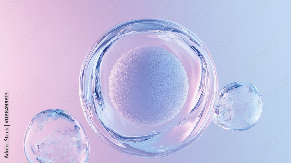 realistic illustration of idealized egg cell surrounded by bubbles realistic illustration of idealized egg cell surrounded by bubbles