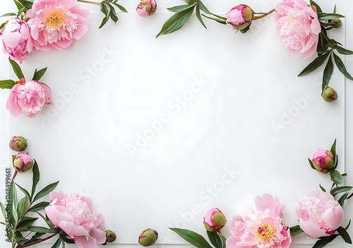 Pink peonies framed against a white spring summer background
