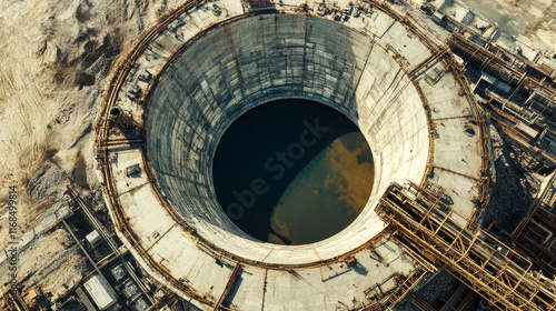 Bird's eye view of a modern industrial thickener with a large circular tank and surrounding structures in a rustic setting photo