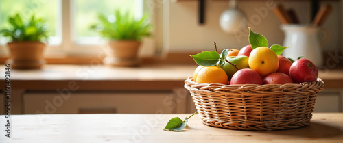 Wallpaper Mural Colorful fresh fruits in woven basket on rustic kitchen table, spring vitality Torontodigital.ca