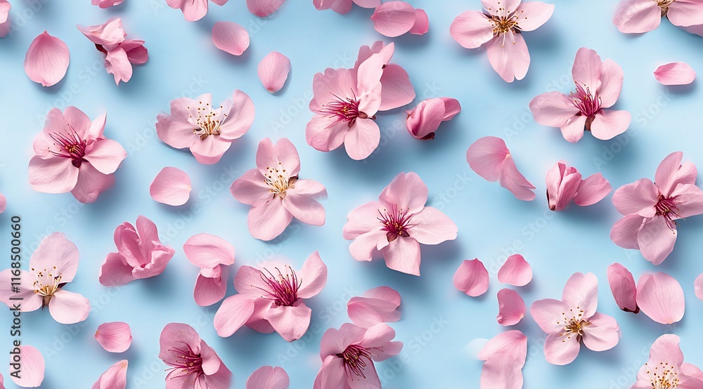 Seamless pattern of pink cherry blossoms floating in the air, spring summer background Seamless pattern of pink cherry blossoms floating in the air, spring summer background