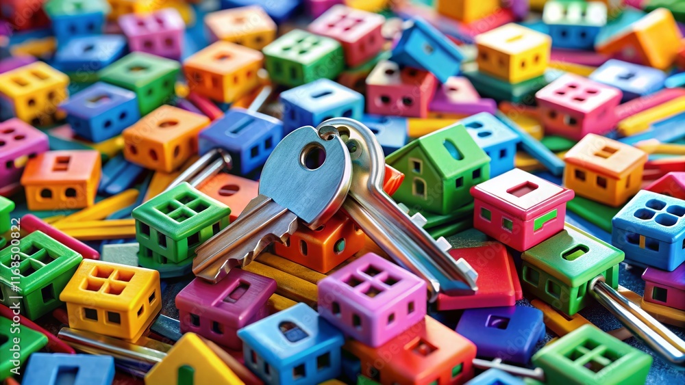 Obraz premium Colorful Toy House Keys on White Background - Playful Child's Keys Stock Photo