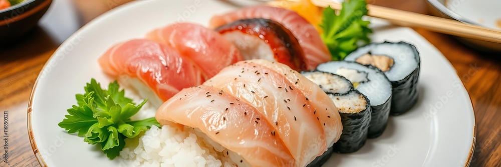 Delicious sushi rice roll with fresh fish served on a plate, dish, Japanese Delicious sushi rice roll with fresh fish served on a plate, dish, Japanese