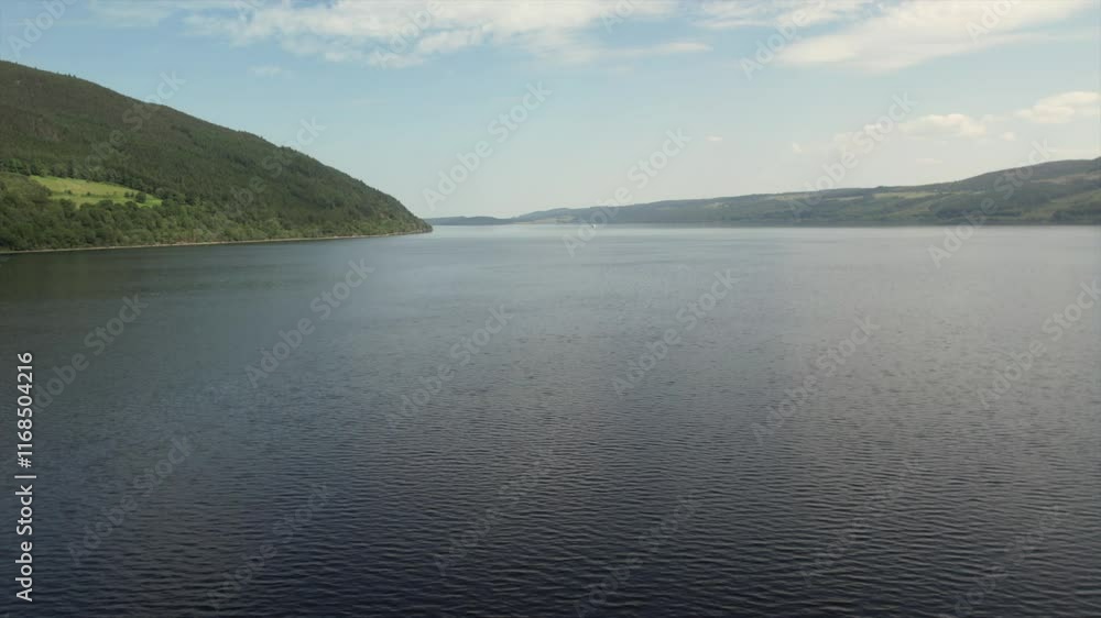 A drone shot over the calm waters of Loch Ness in Scotland, surrounded by verdant green hills and set against a clear blue sky. Captures the iconic landscape of this famous loch. A drone shot over the calm waters of Loch Ness in Scotland, surrounded by verdant green hills and set against a clear blue sky. Captures the iconic landscape of this famous loch.