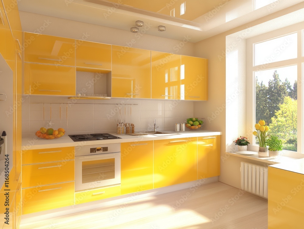 Sunny Yellow Modern Kitchen Design With Bright Windows Sunny Yellow Modern Kitchen Design With Bright Windows