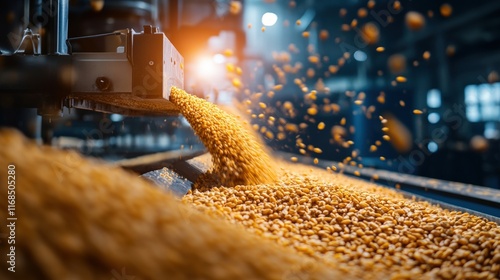 A close-up of grains being processed in a factory, showcasing the flow of golden grains into a conveyor system under bright industrial lighting.