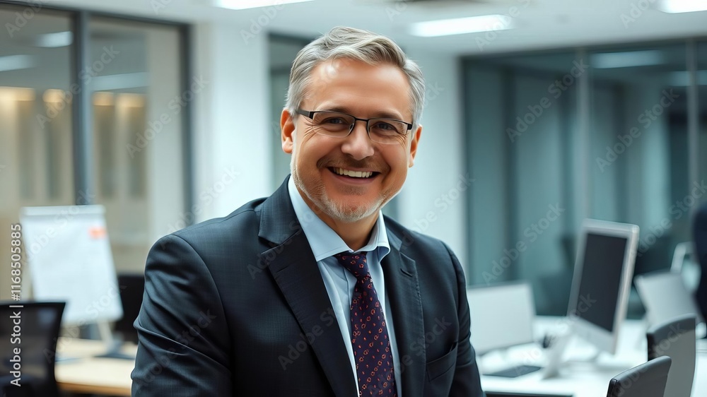 Naklejka premium Confident senior businessman in suit smiling in modern office setting, businessman, mature