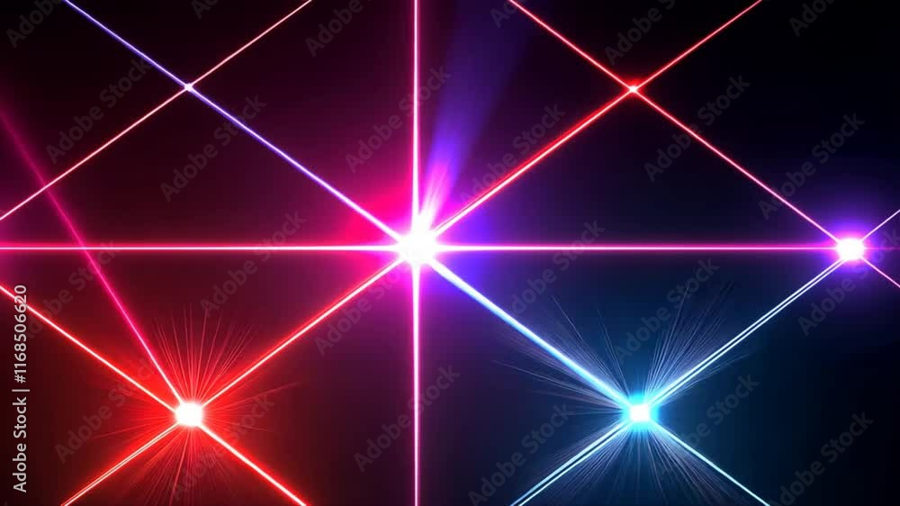 Vibrant laser lights create colorful background with red, blue, and purple beams forming star pattern, evoking energy and excitement in dynamic visual experience. Vibrant laser lights create colorful background with red, blue, and purple beams forming star pattern, evoking energy and excitement in dynamic visual experience.