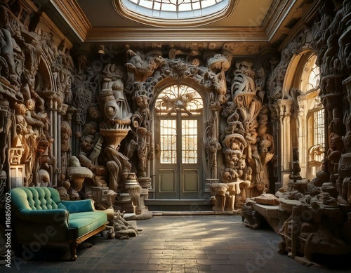 strange house and relief figures on the wall