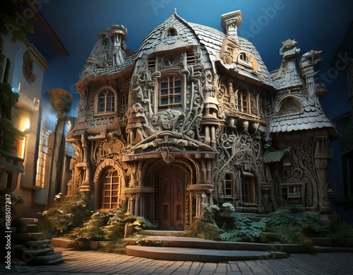 strange house and relief figures on the wall