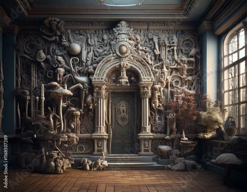 strange house and relief figures on the wall