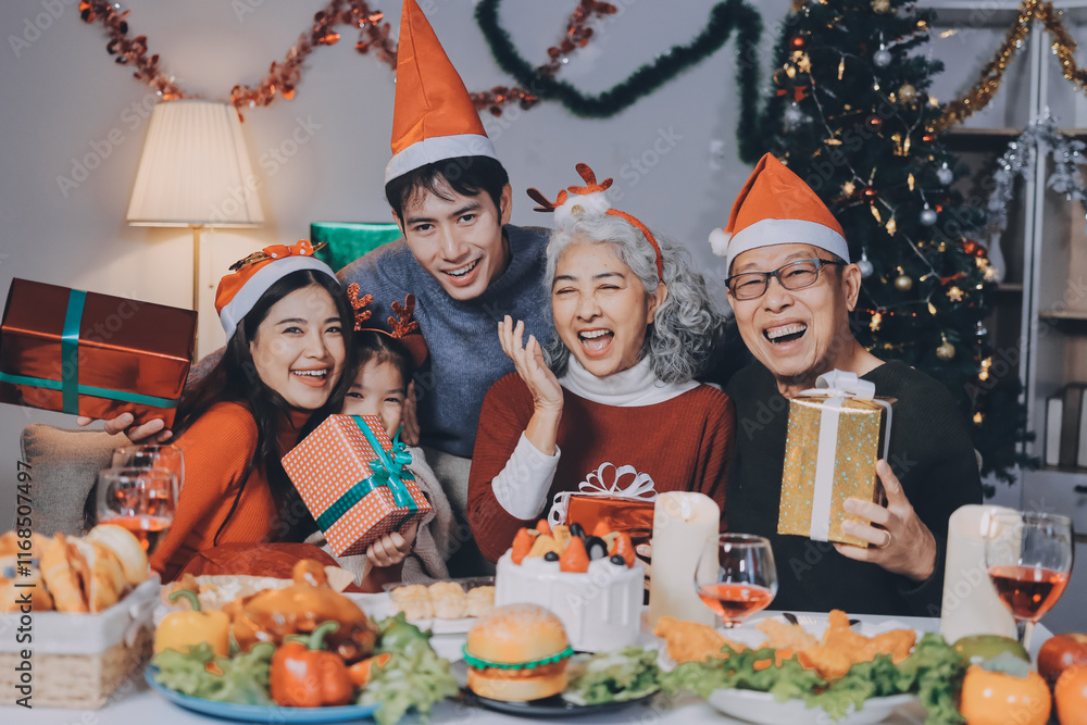 Happy family with gifts celebrating Christmas together