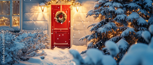 Wallpaper Mural Snow-covered cottage, red door glowing, festive tree sparkling with holiday ornaments-1 Torontodigital.ca