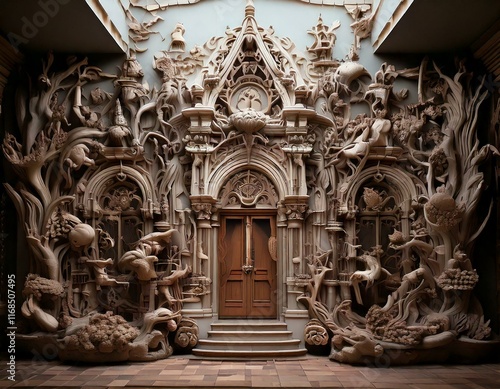 strange house and relief figures on the wall