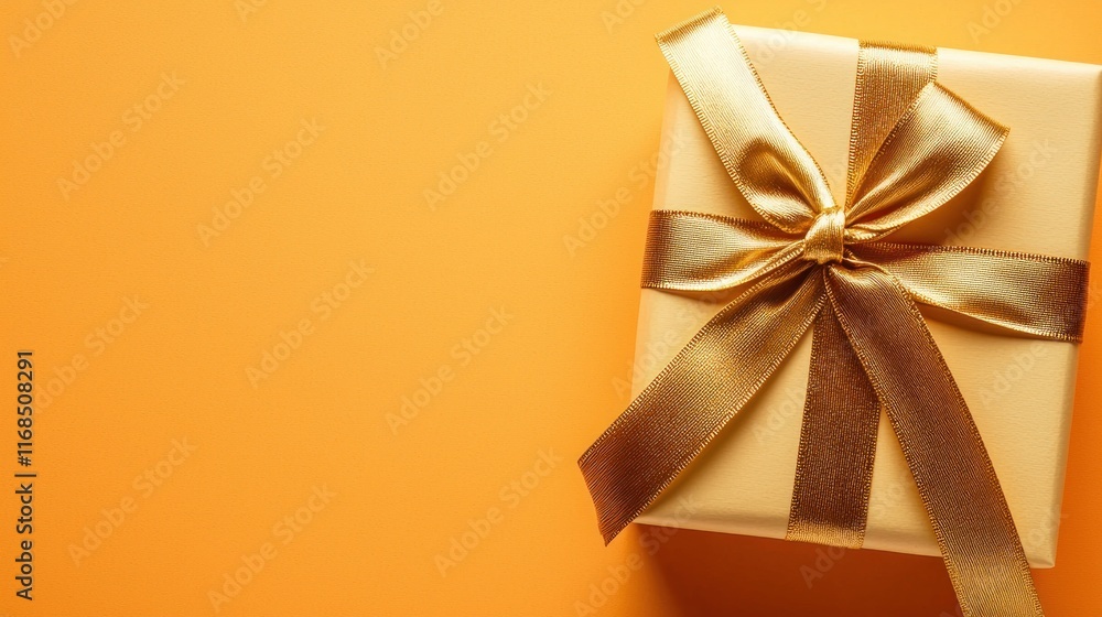 A beautifully wrapped gift box with a golden ribbon on an orange background. A beautifully wrapped gift box with a golden ribbon on an orange background.