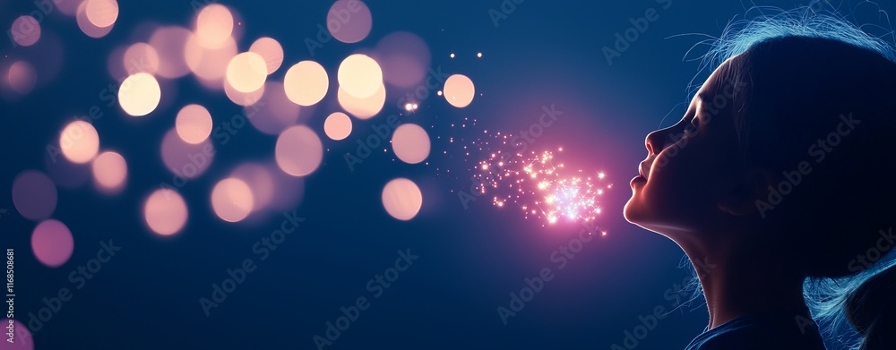 A silhouette of a girl exhaling sparkles against a dreamy, blurred background of lights, creating a magical and ethereal atmosphere. A silhouette of a girl exhaling sparkles against a dreamy, blurred background of lights, creating a magical and ethereal atmosphere.