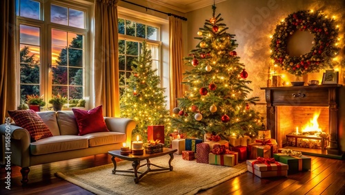 Wallpaper Mural Cozy Christmas Living Room: Festive Tree, Gifts & Decorations - Stock Photo Torontodigital.ca