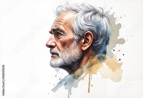 Profile portrait of thoughtful elderly man with artistic watercolor background