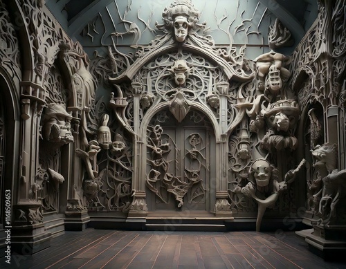 strange house and relief figures on the wall