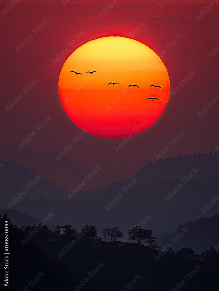 Obraz premium A vibrant sunset with silhouetted mountains and birds flying across the colorful sky.