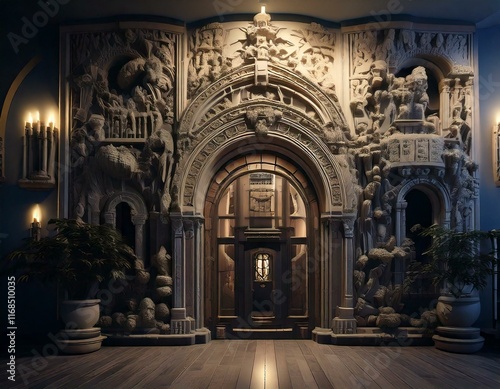 strange house and relief figures on the wall
