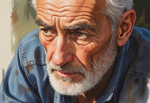 Pensive portrait of elderly man with thoughtful gaze and textured background photo