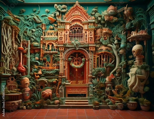 strange house and relief figures on the wall